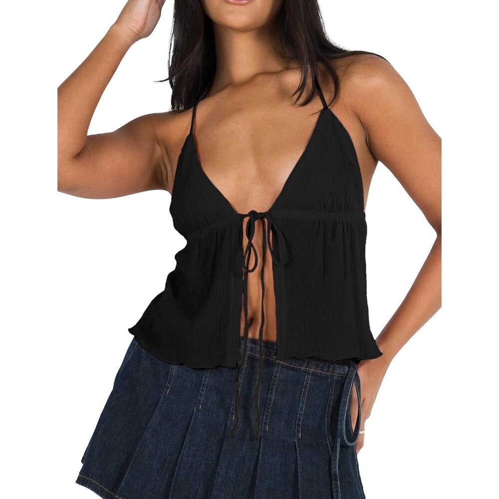 ISZPLUSH Women Sexy Halterneck Y2k Tops Slit Front Tie Crop Tops Sleeveless